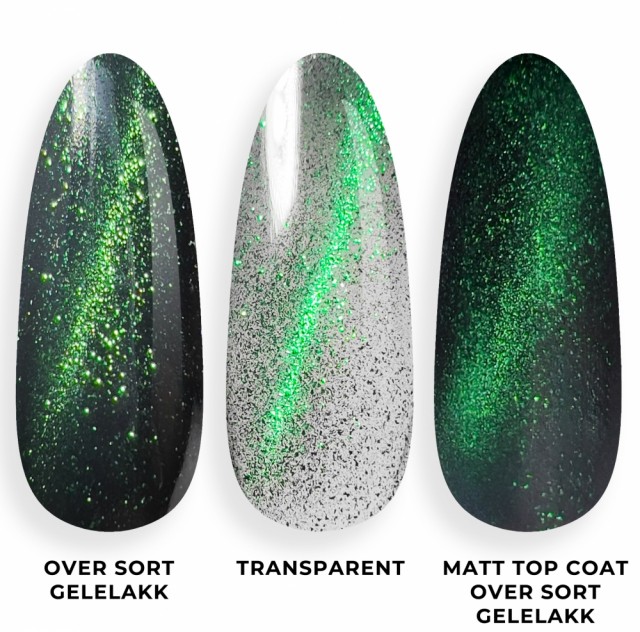 Eksempelbilde med Galaxy Cat Eye #05 (fra venstre) over sort gelelakk, lagt for seg selv uten farge under, og til sist over sort gelelakk med matt top coat.