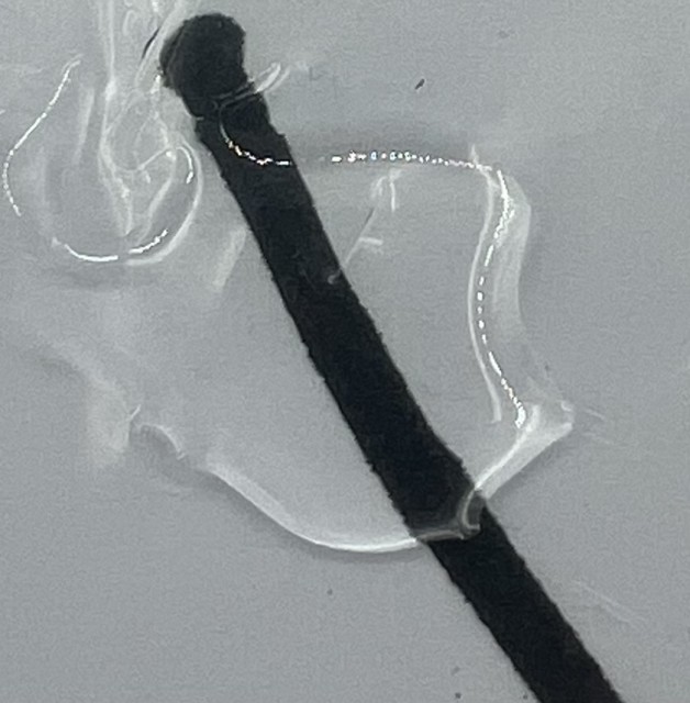 Bilde tatt av geleen, på hvitt ark med sort tusjstrek bak. Viser dekkevne og fargetone. Bildet er ikke fargekorrigert.
