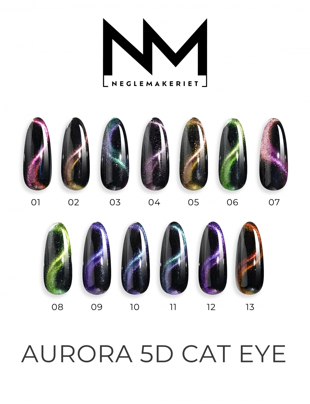 Aurora 5D Cat Eye Gel Polish fargekart, eksempel over sort gelelakk.