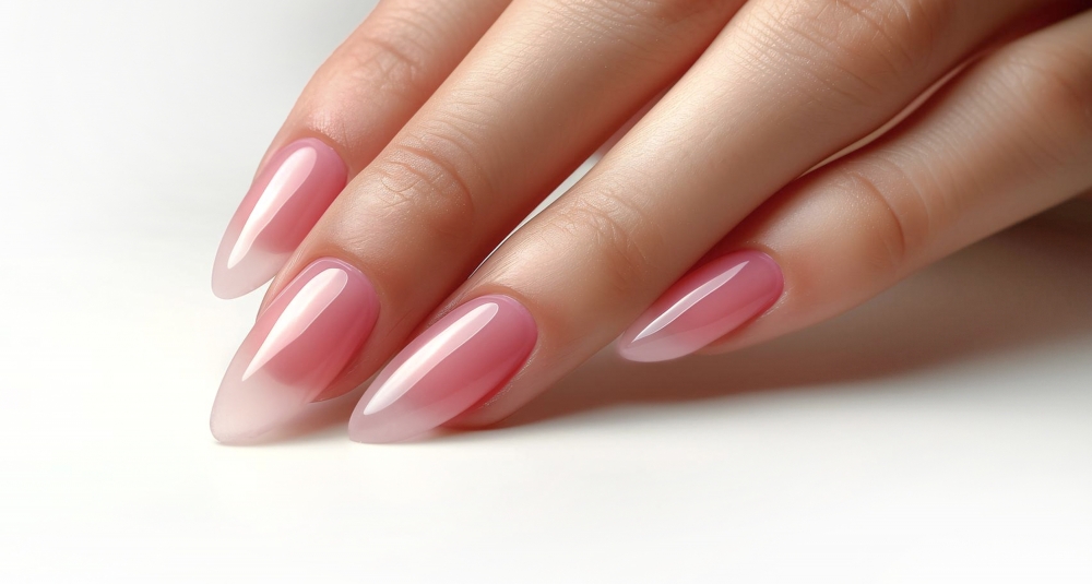 Eksempelbilde av #09 Clear Candy Pink på negl. Fargen kan fremstå forskjellig fra skjerm til skjerm.