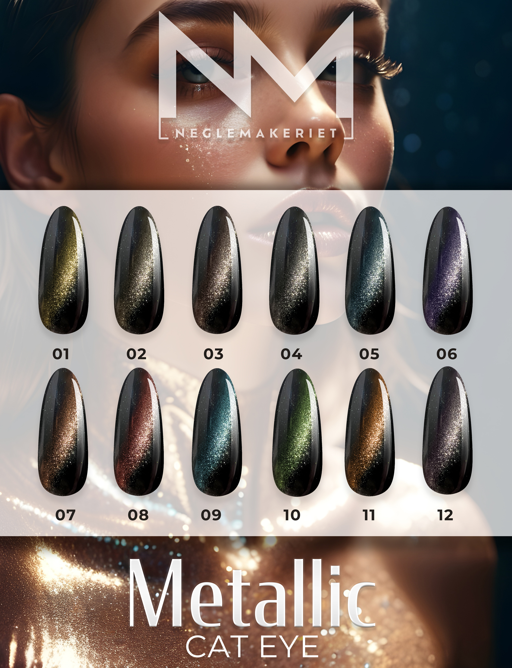 Metallic Cat Eye Gel Polish fargekart, eksempel over sort gelelakk.